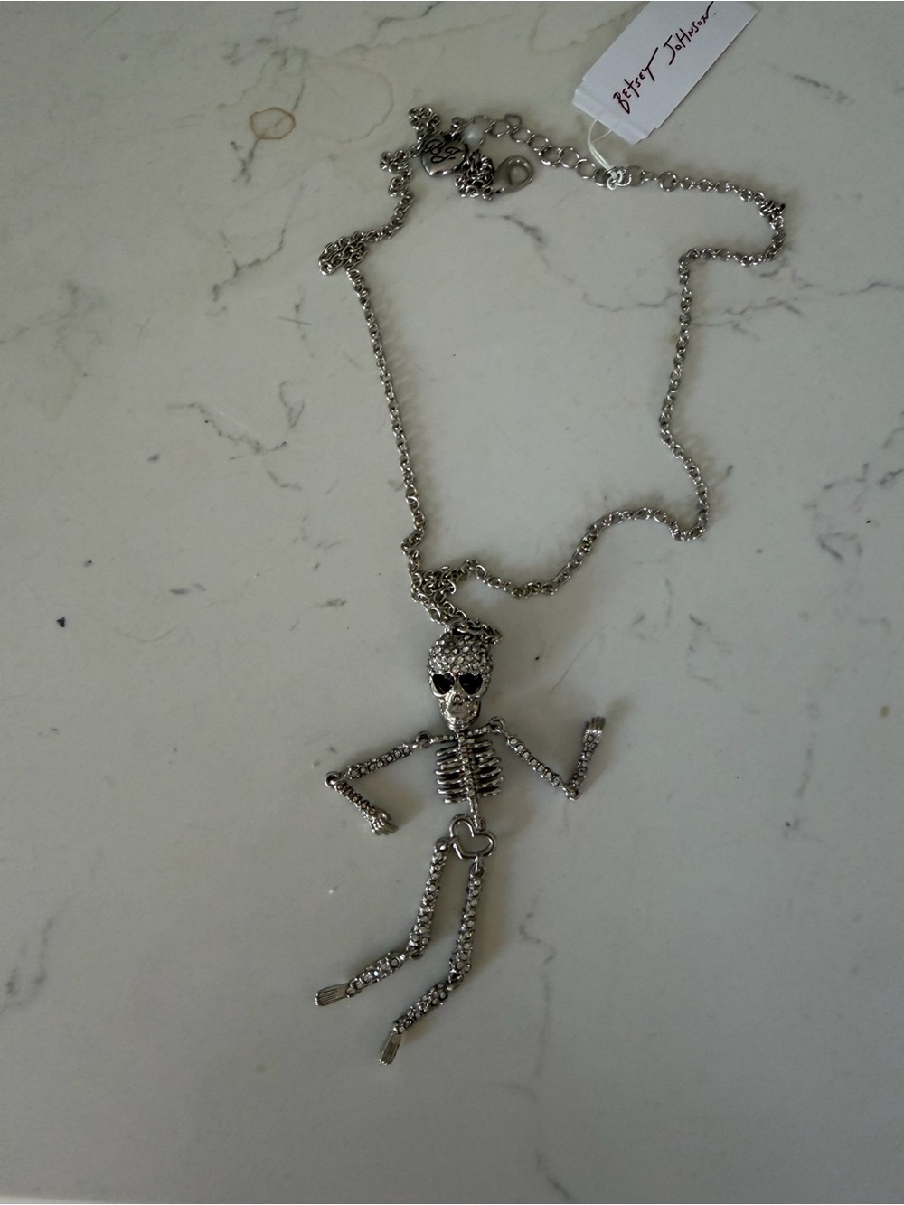 Betsey Johnson Silver poseable  skeleton Necklace